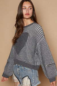 POL Round Neck Heart Patch Zipper Point Sleeve Sweater - Brittney MADE
