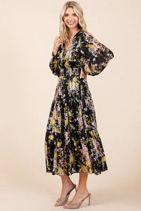 Mittoshop Flower Print Satin Lurex Stripe Smocked Midi Dress - Brittney MADE