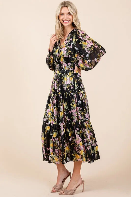 Mittoshop Flower Print Satin Lurex Stripe Smocked Midi Dress - Brittney MADE