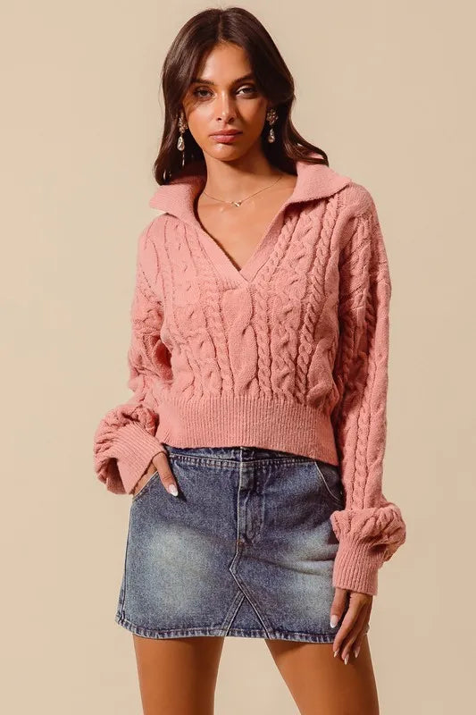 SO ME Cable Knit Deep V Neck Crop Swetaer Top - Brittney MADE