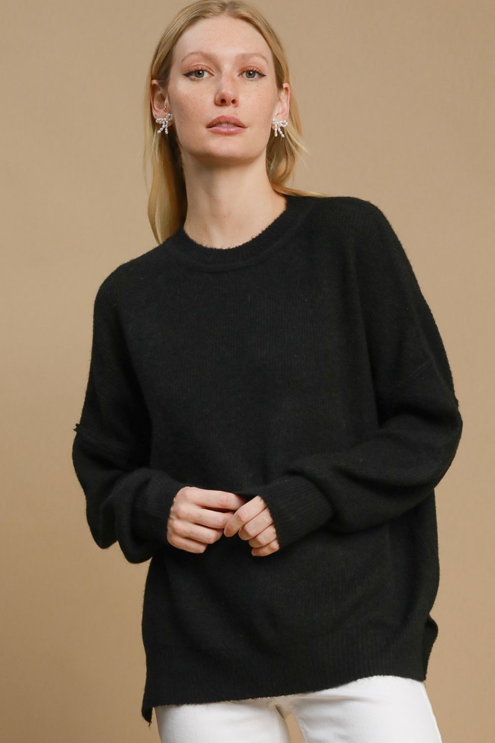 Umgee Full Size Side Slit Wool Blend Round Neck Sweater Plus Size - Brittney MADE