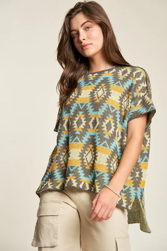 Davi & Dani High-Low Geometric Round Neck Knit Top - Brittney MADE