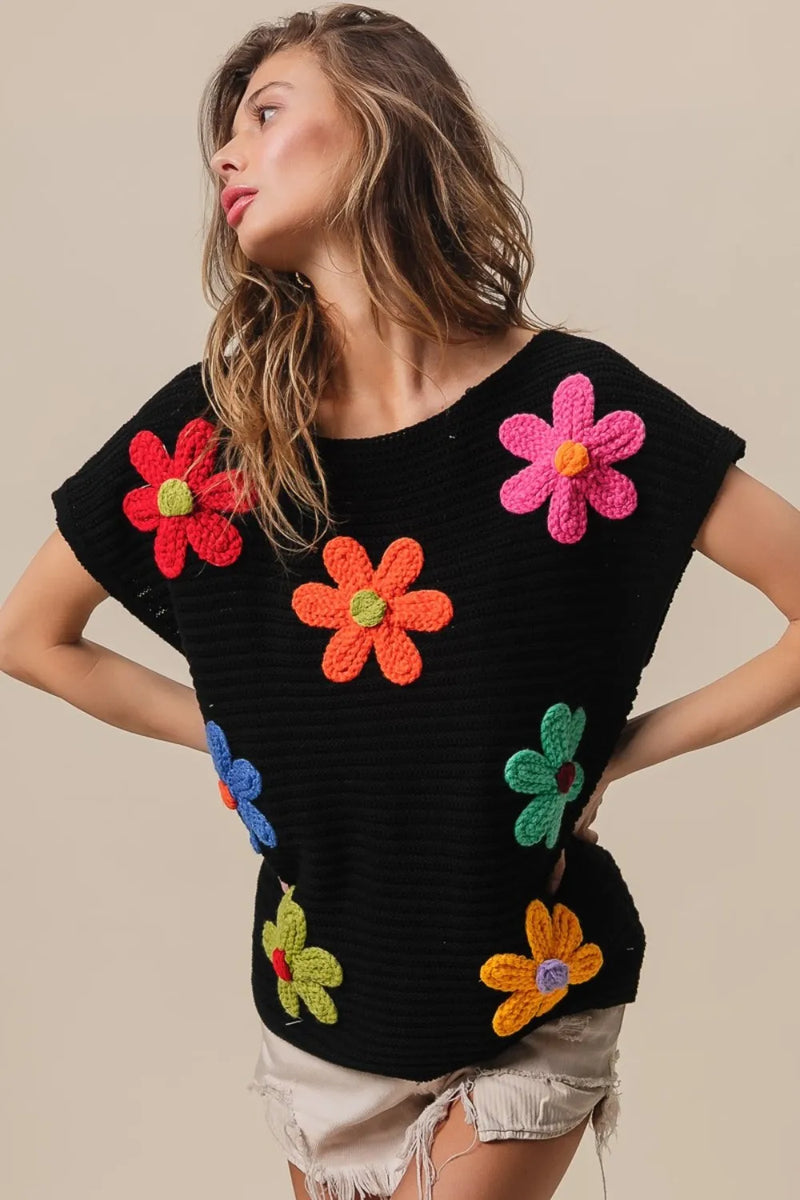 BiBi Flower Round Neck Cap Sleeve Knit Top - Brittney MADE