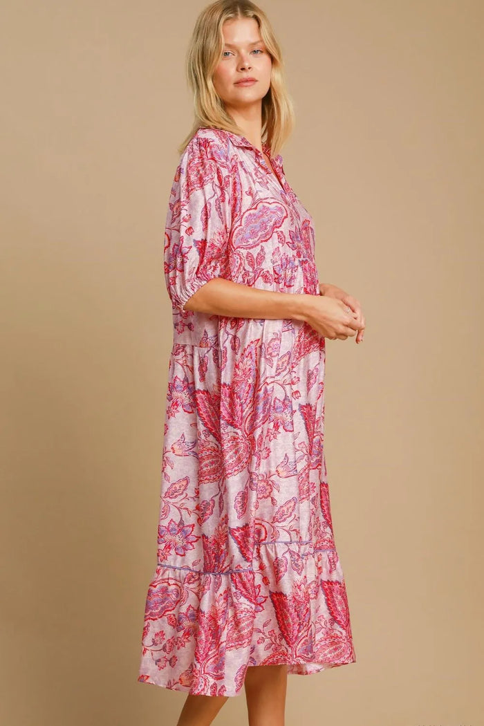 Umgee Full Size Ruffled Hem Floral Paisley Print Half Sleeve Midi Dress Plus Size - Brittney MADE