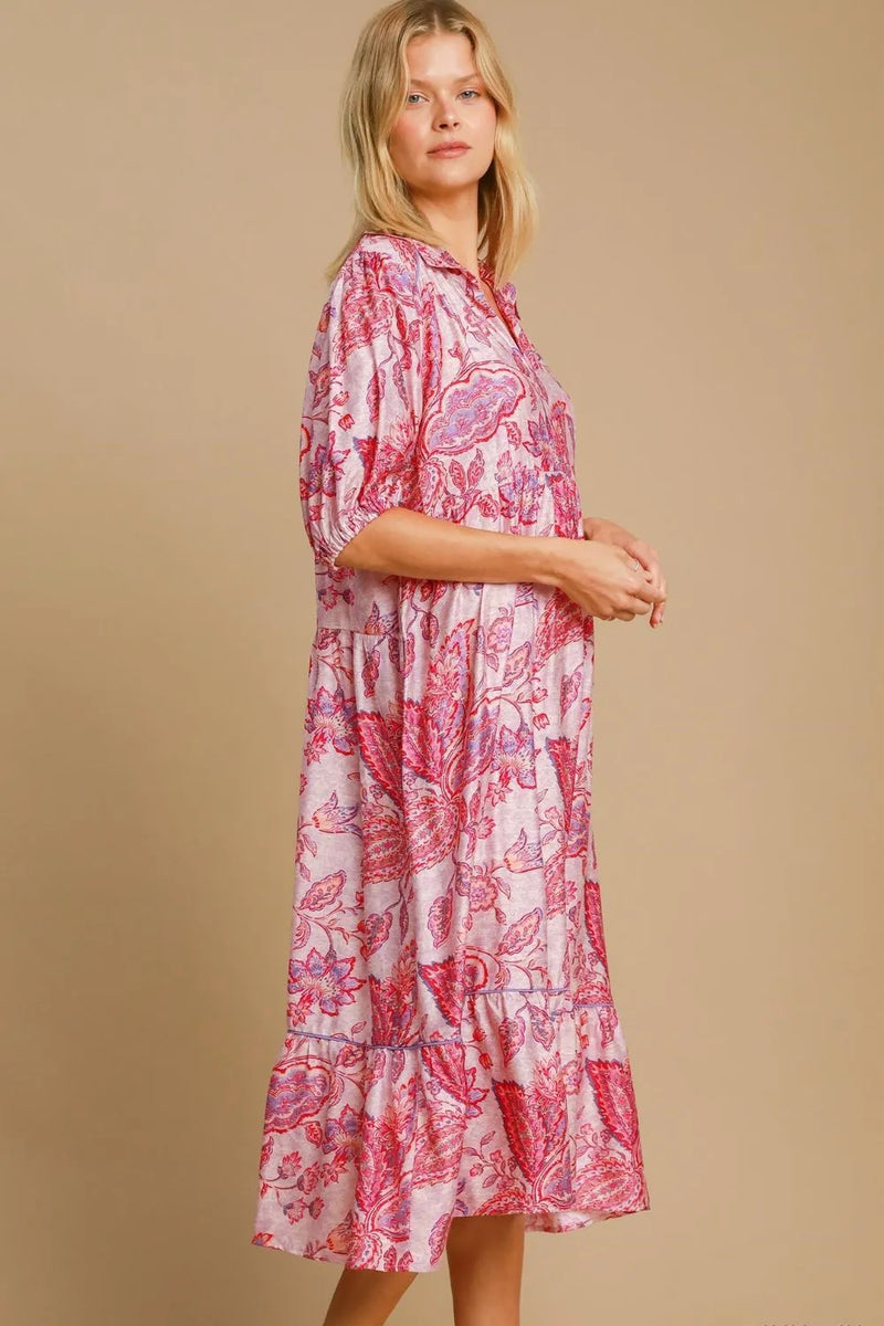 Umgee Full Size Ruffled Hem Floral Paisley Print Half Sleeve Midi Dress Plus Size - Brittney MADE