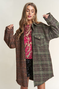J.NNA Snap Down Tweed Plaid Contrast  Longline Shacket - Brittney MADE