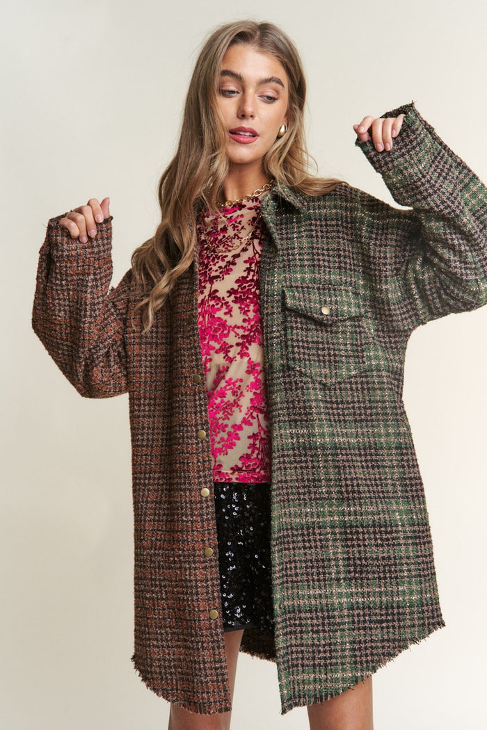 J.NNA Snap Down Tweed Plaid Contrast  Longline Shacket - Brittney MADE