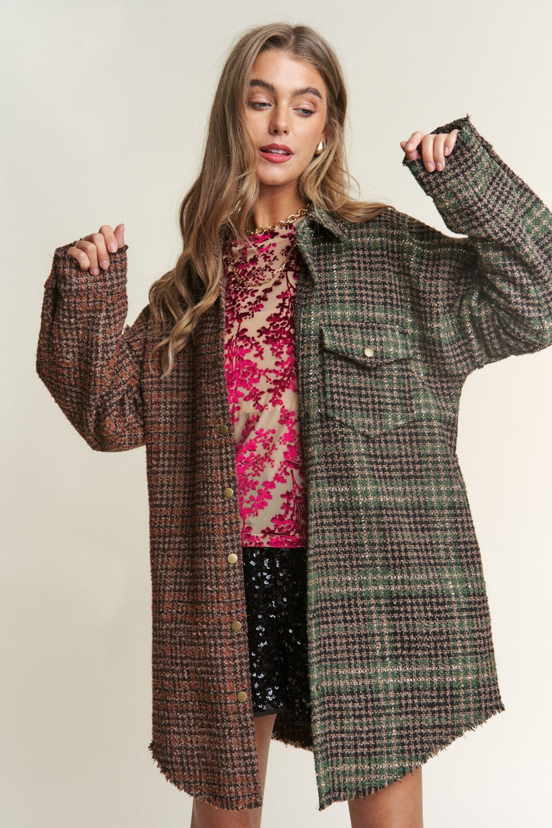 J.NNA Snap Down Tweed Plaid Contrast  Longline Shacket - Brittney MADE
