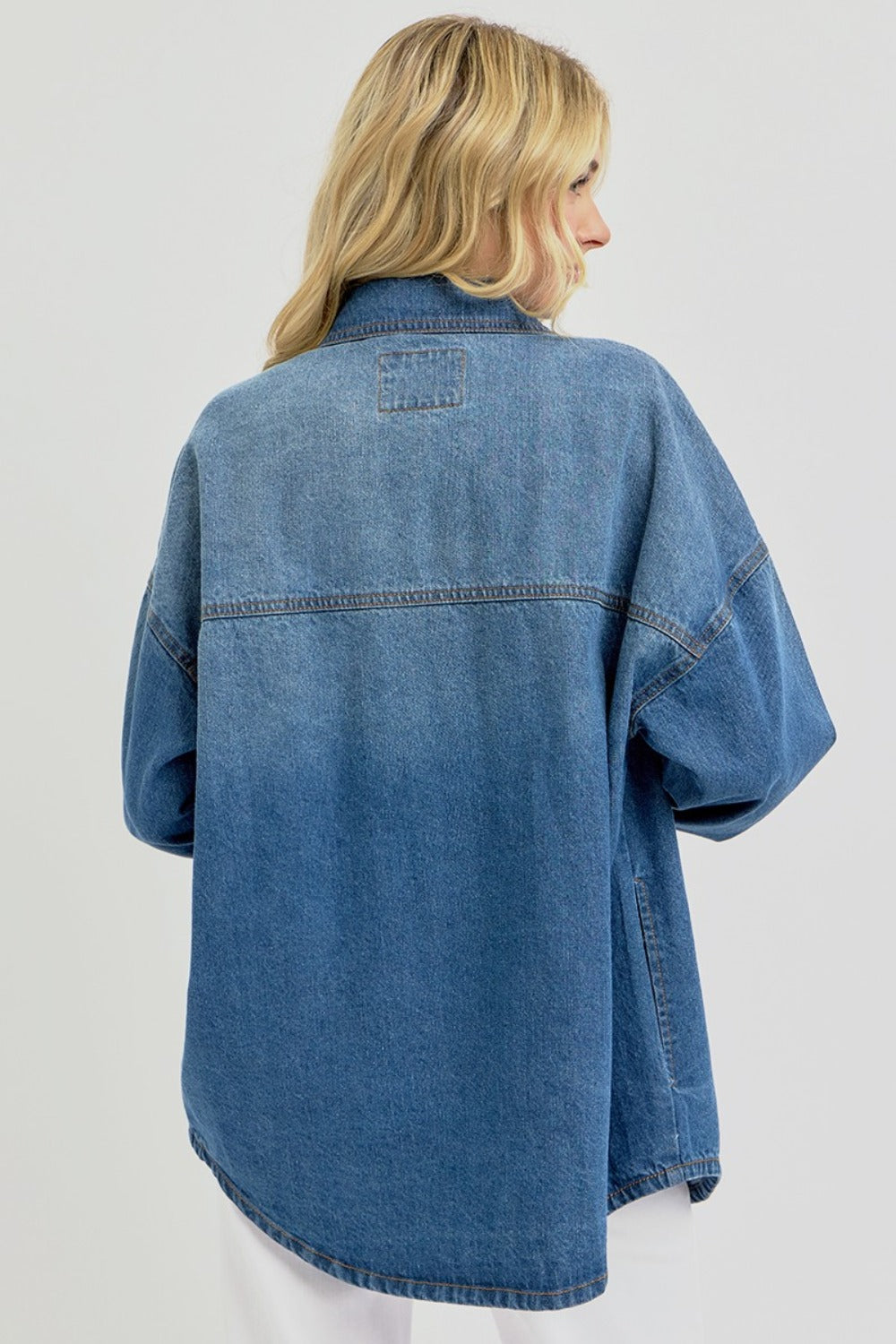 RISEN Full Size Snap Down Long Sleeve Denim Shacket - Brittney MADE