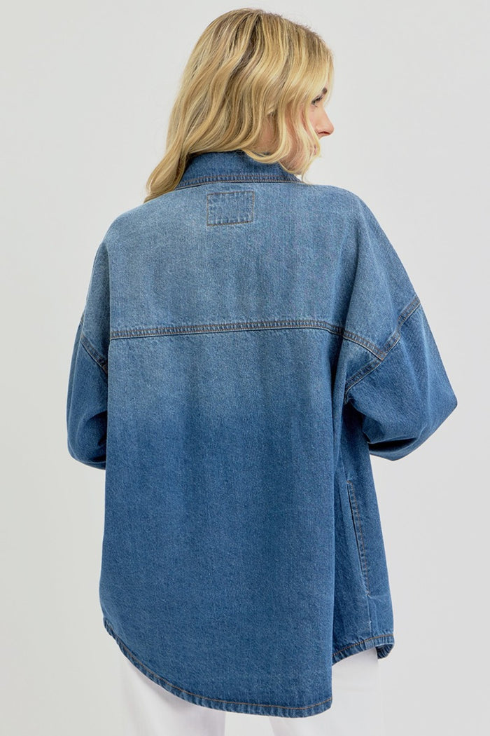RISEN Full Size Snap Down Long Sleeve Denim Shacket - Brittney MADE
