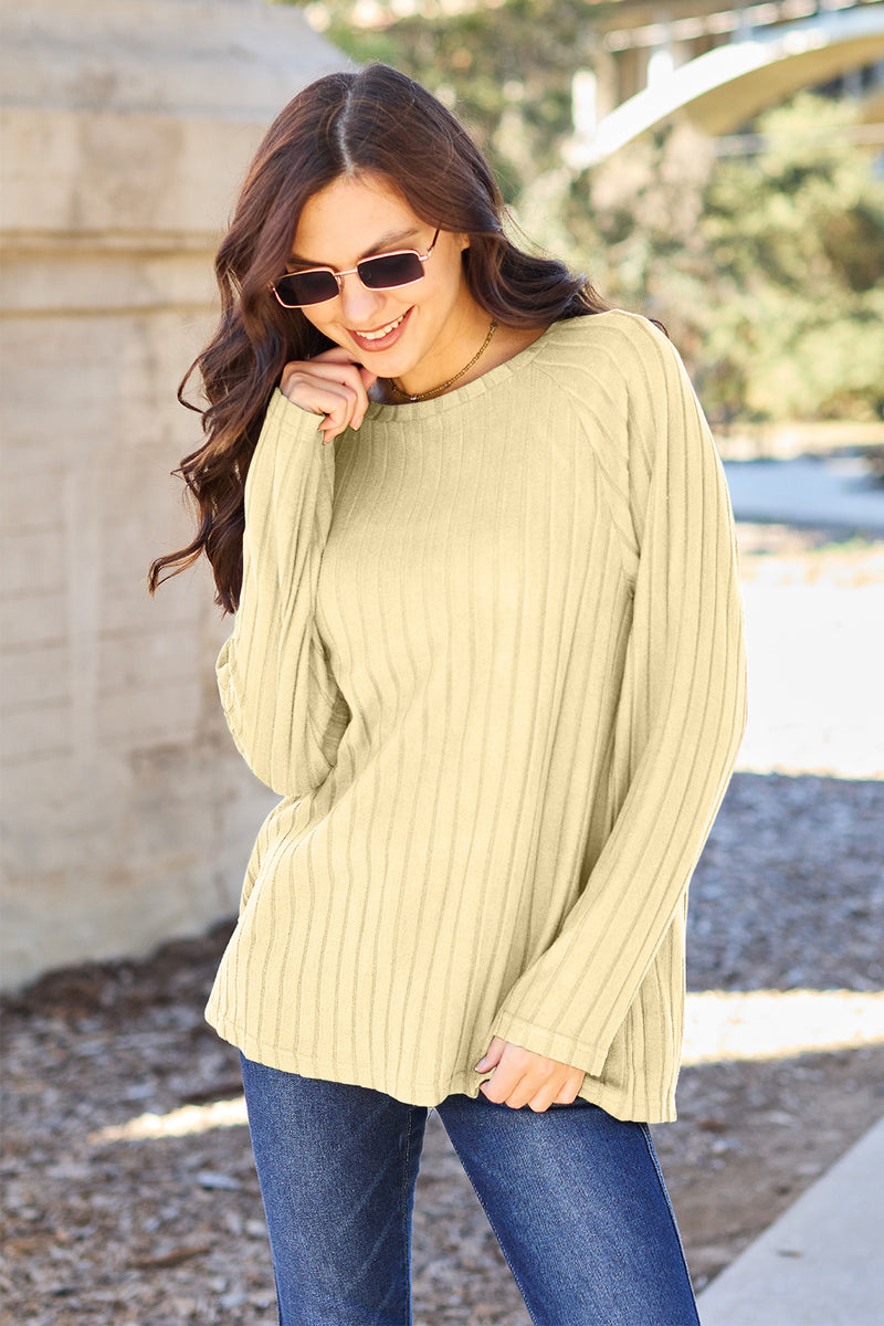Basic Bae Full Size Ribbed Round Neck Long Sleeve Knit Top - Brittney MADE
