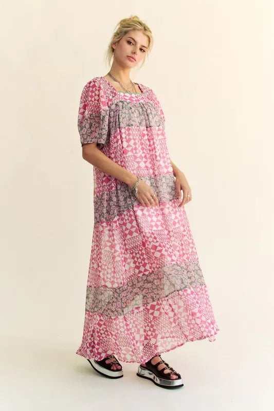 Davi & Dani Multi Floral Square Neck Puff Sleeve Maxi Dress - Brittney MADE