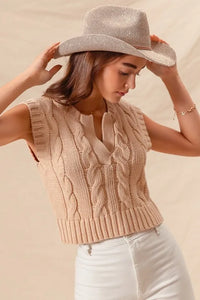 SO ME Notched Neck Cable Knit Sweater Vest - Brittney MADE