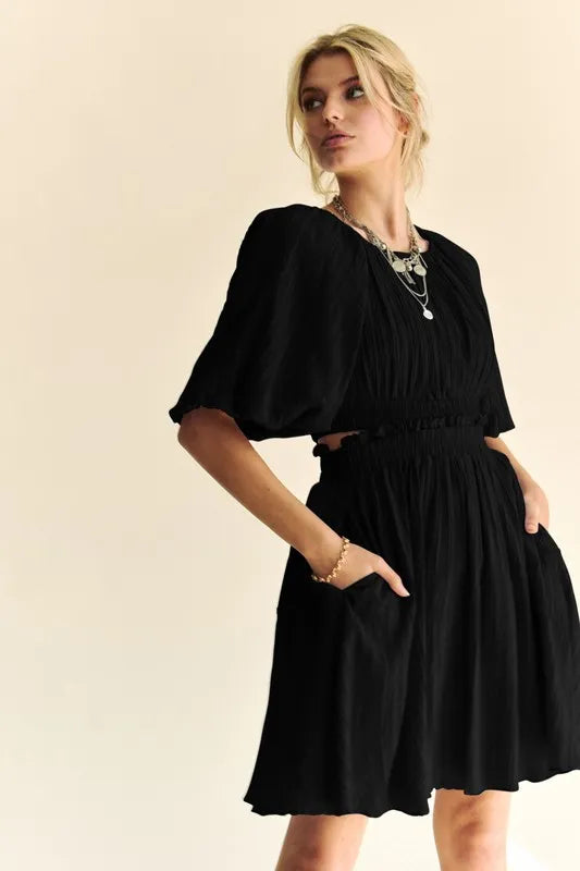 Davi & Dani Back Button Puff Sleeve Mini Dress - Brittney MADE