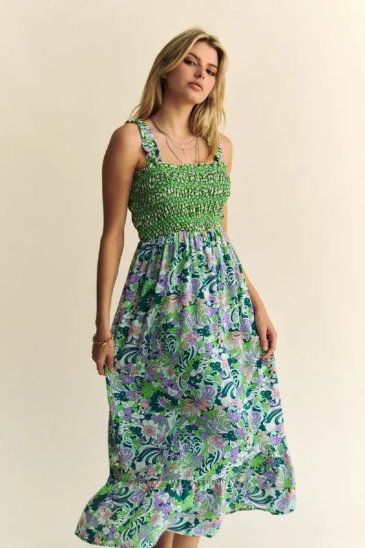 Davi & Dani Multi Smocked Bodice Geo Ruffle Strappy Midi Dress - Brittney MADE
