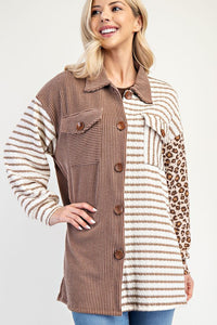 Celeste Full Size Leopard Contrast Button Up Shacket - Brittney MADE