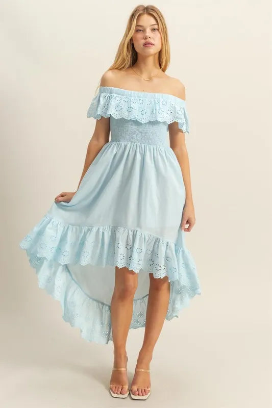 HYFVE High-Low Eyelet Ruffled Off-Shoulder Dress - Brittney MADE