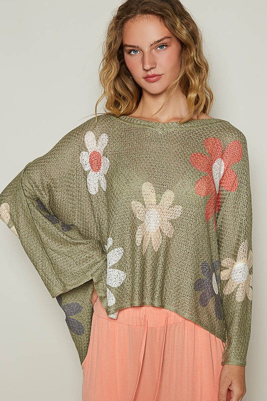 POL Flower Dropped Shoulder Long Sleeve Knit Top - Brittney MADE