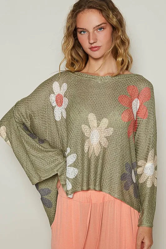 POL Flower Dropped Shoulder Long Sleeve Knit Top - Brittney MADE