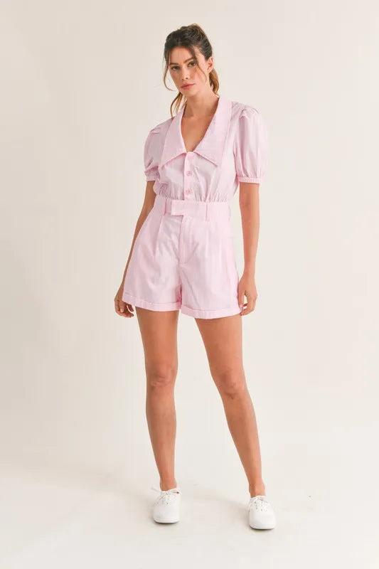 MABLE Striped Puff Sleeve Collared Neck Romper - Brittney MADE