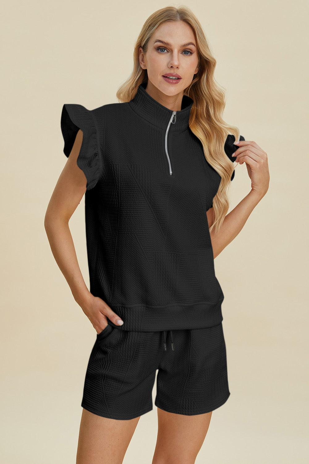Double Take Full Size Texture Flounce Sleeve Top and Shorts Set - Brittney MADE