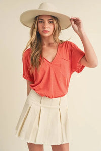 Aemi + Co Side Slit V-Neck Short Rolled Sleeve T-Shirt - Brittney MADE