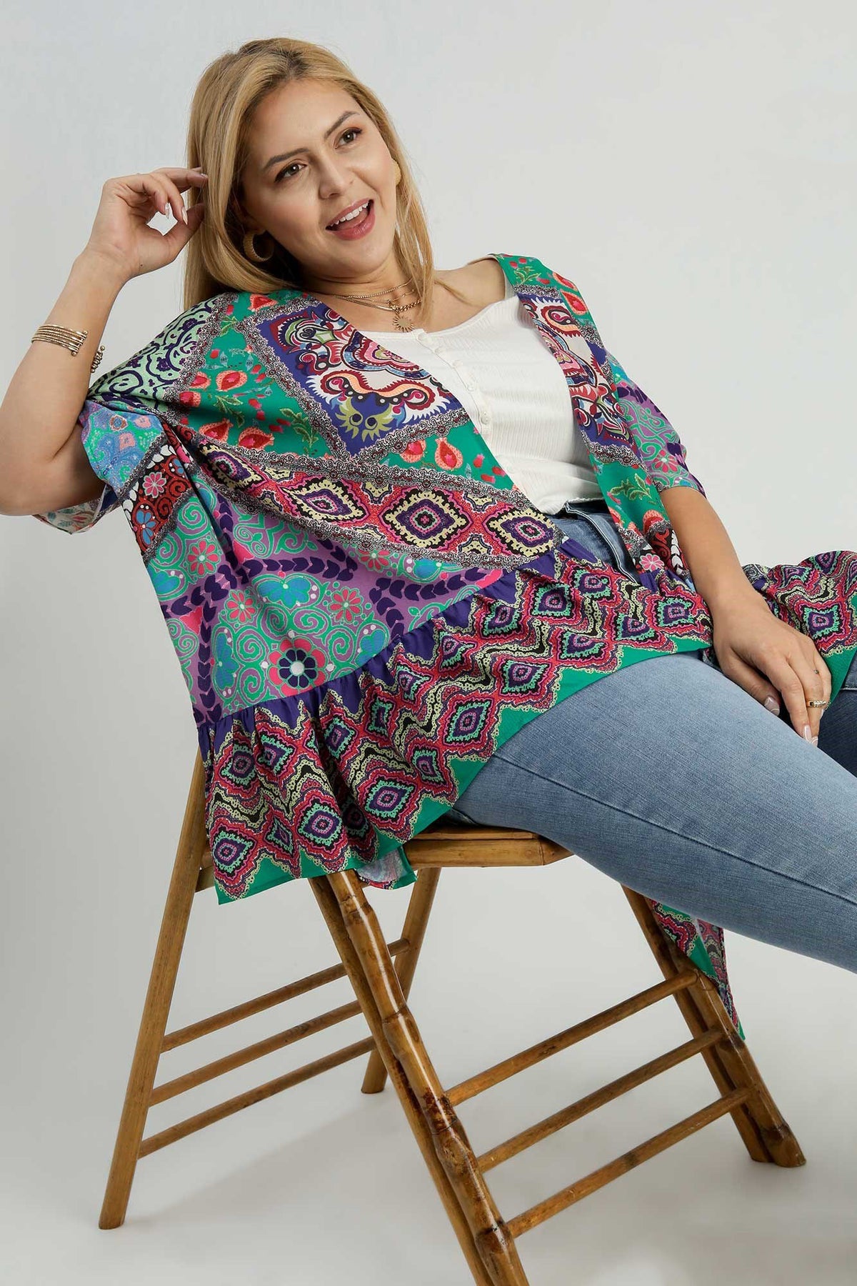 Umgee Full Size Mixed Print Ruffle Hem Open Front Cover Up Plus Size - Brittney MADE