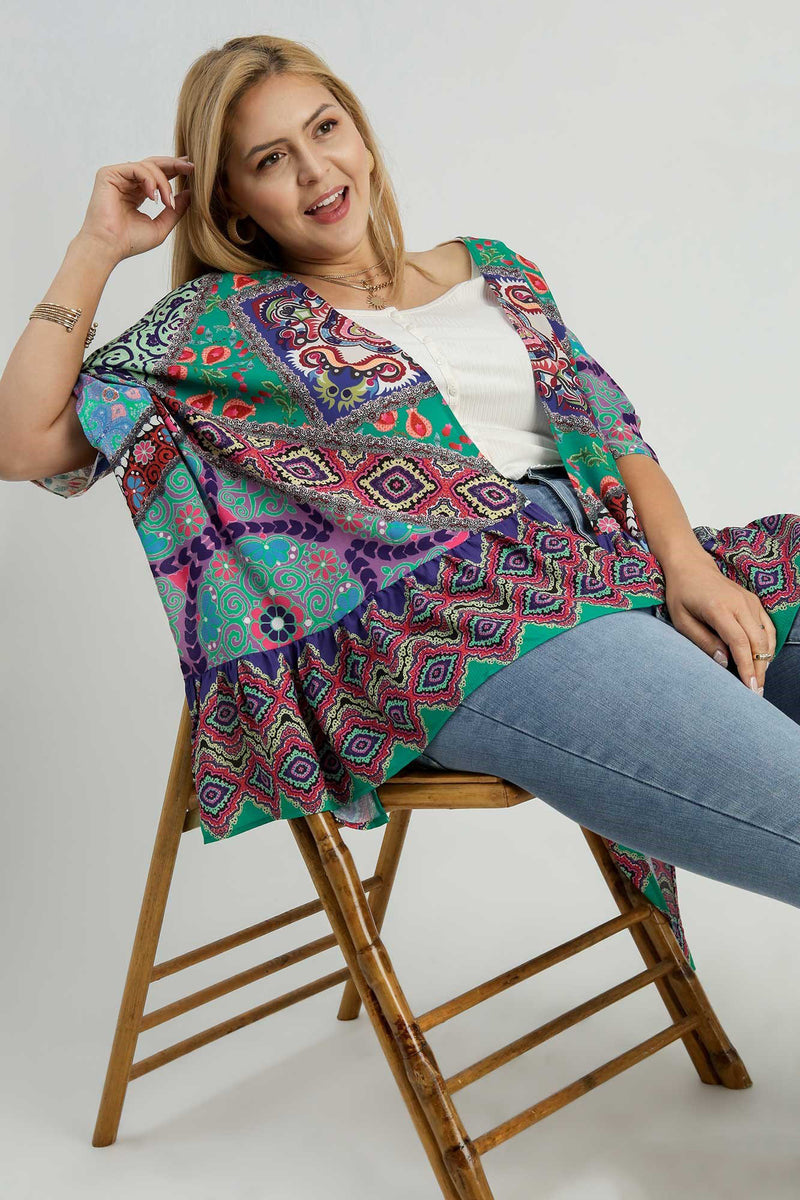 Umgee Full Size Mixed Print Ruffle Hem Open Front Cover Up Plus Size - Brittney MADE