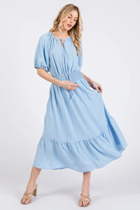 Ces Femme Smocked Elastic Waist Tie Neck Puff Sleeve Dress - Brittney MADE