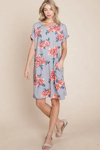 BOMBOM Floral Round Neck Short Tee Dress with Pockets - Brittney MADE
