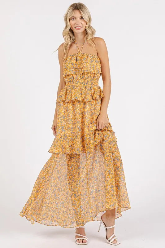 Mittoshop Ruffled Smocked Floral Halter Neck Maxi Dress - Brittney MADE