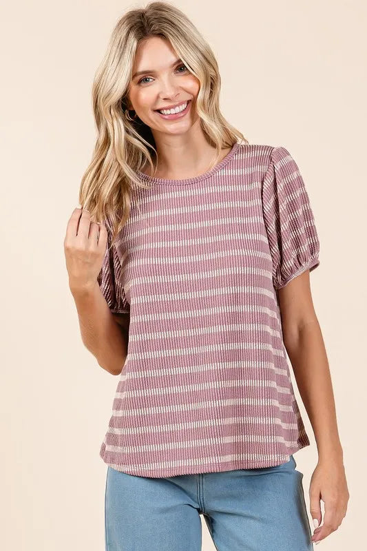 Mittoshop Contrast Striped Short Puff Sleeve Knit Top - Brittney MADE