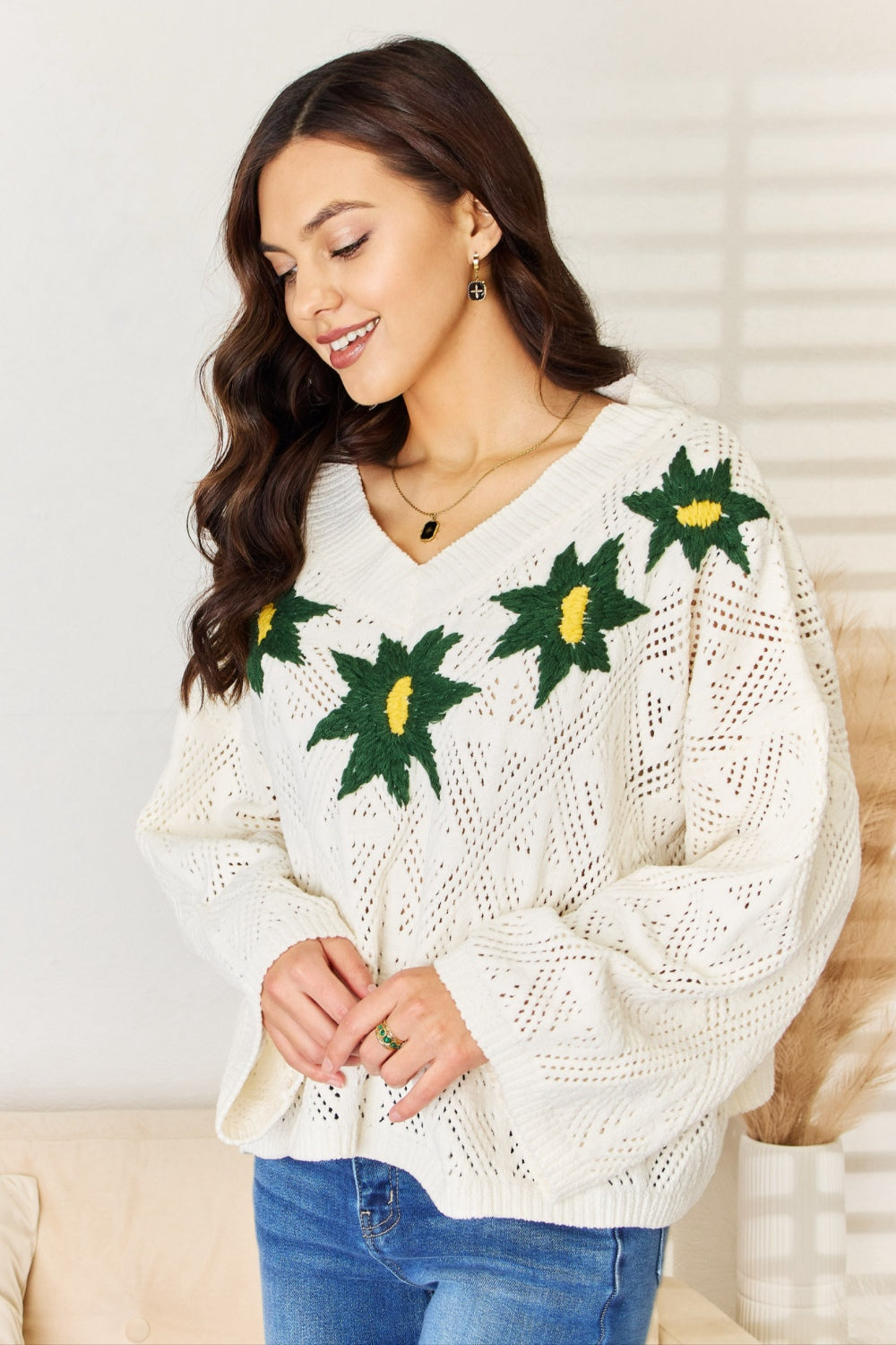 POL Floral Embroidered Pattern V-Neck Sweater - Brittney MADE