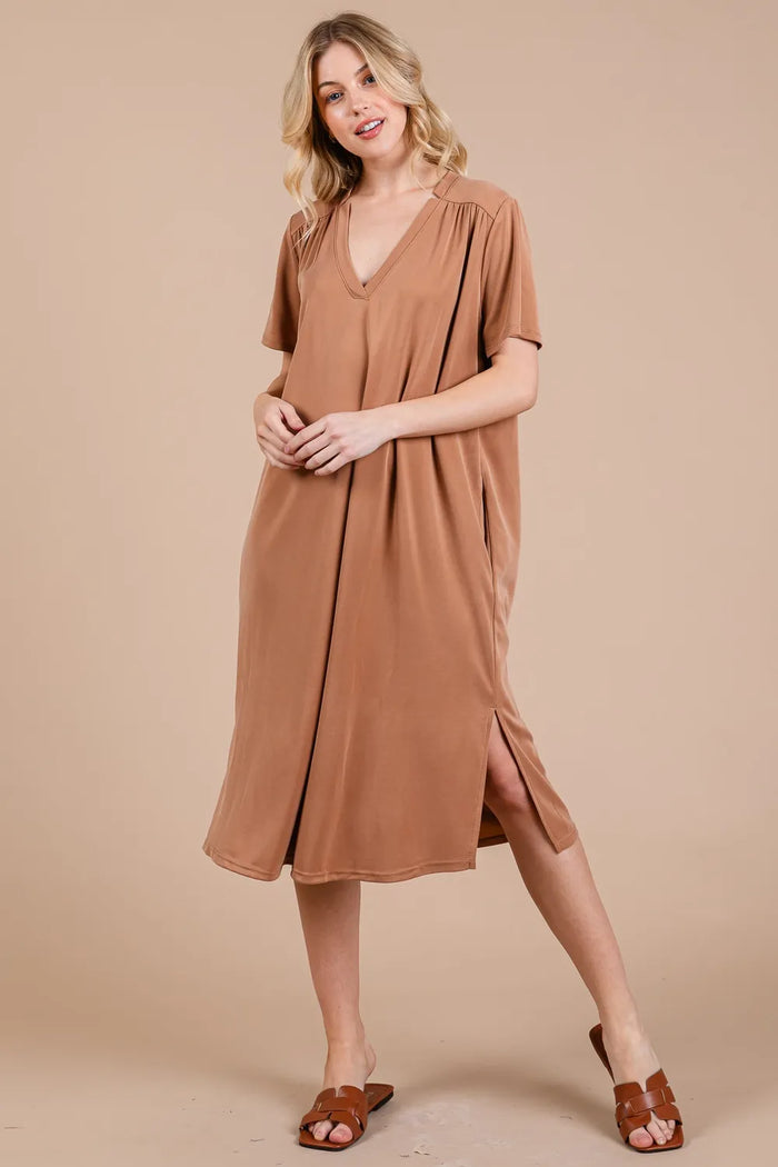Ces Femme Side Slit Short Sleeve Midi Dress with Pockets - Brittney MADE
