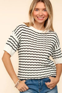 Haptics Openwork Striped Round Neck Half Sleeve Knit Top - Brittney MADE