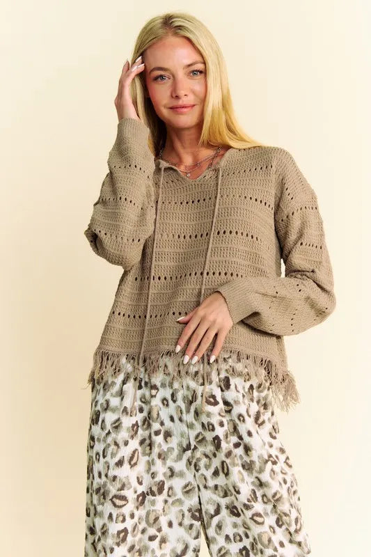 Davi & Dani Fringe Hem Openwork Drop Shoulder Knit Top - Brittney MADE