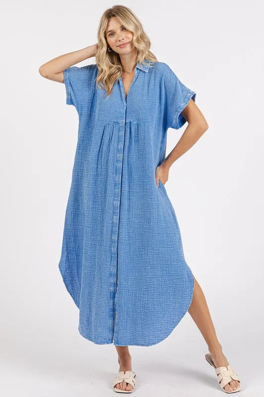 Mittoshop Mineral Wash V Neck Button Up Midi Shirt Dress - Brittney MADE