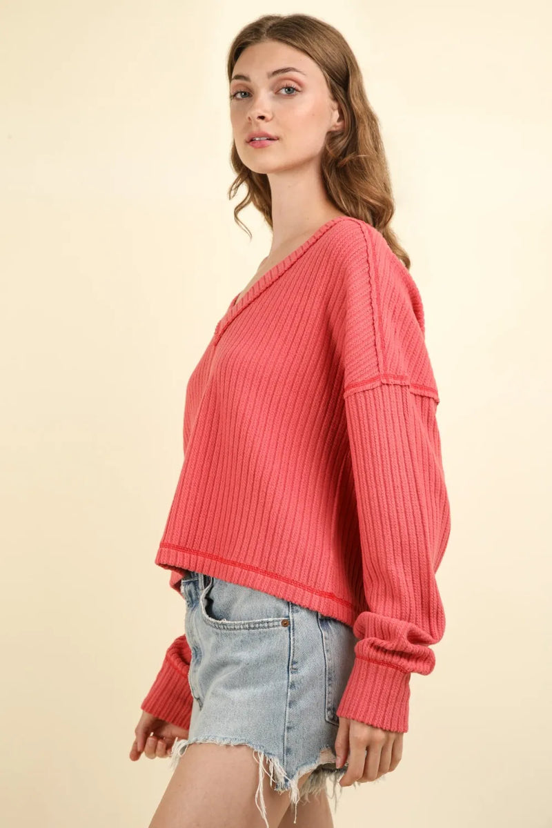 VERY J Exposed Seam V-Neck Ribbed Knit Top - Brittney MADE