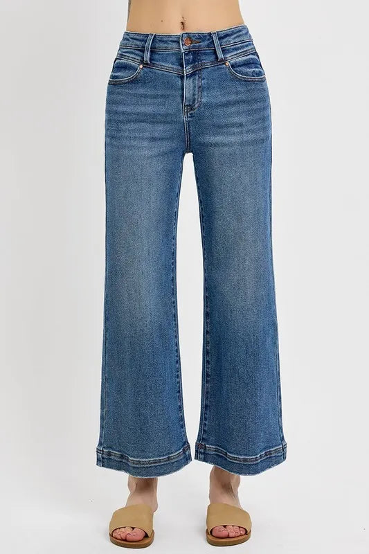 RISEN Full Size High Rise Crop Wide Leg Front Yoke Detail Jeans Plus Size - Brittney MADE