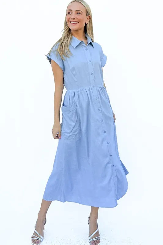 And The Why Cap Sleeve Front Pockets Shirt Dress - Brittney MADE