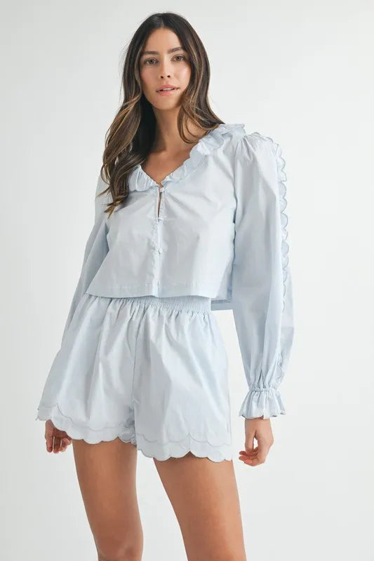 MABLE Long Sleeve Scallop Blouse and Shorts Set - Brittney MADE