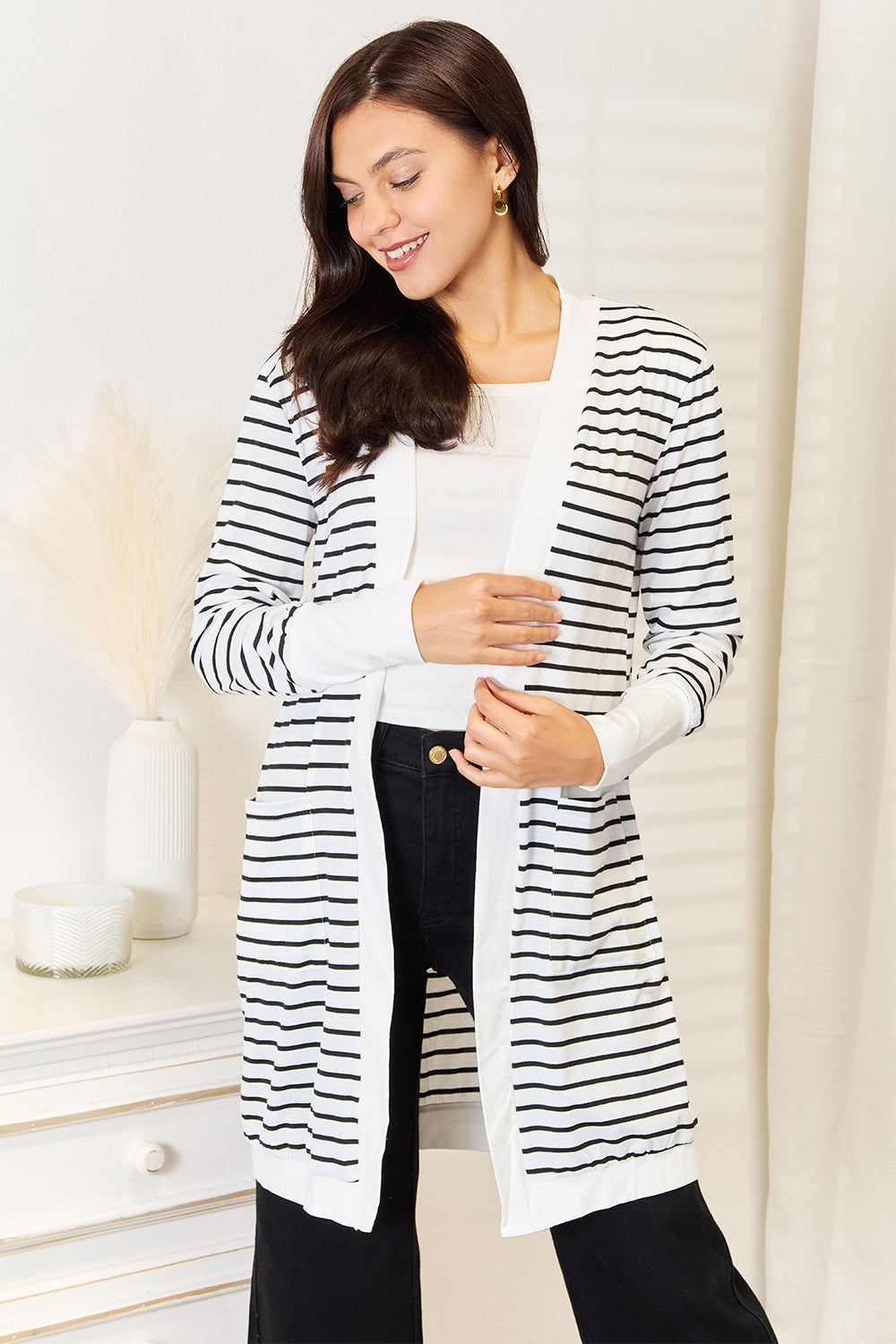 Double Take Striped Open Front Longline Cardigan - Brittney MADE