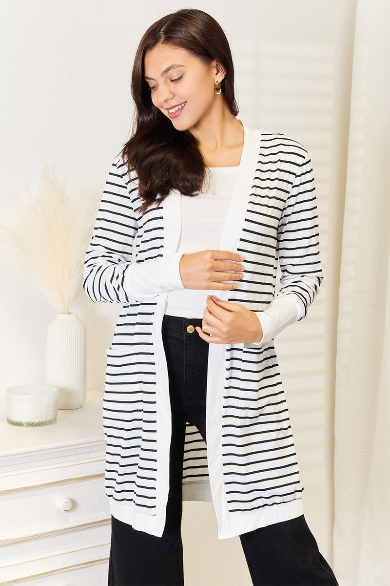 Double Take Striped Open Front Longline Cardigan - Brittney MADE