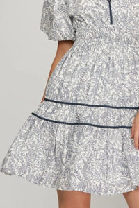 She + Sky Full Size Printed V-Neck Puff Sleeve Tiered Dress Plus Size - Brittney MADE