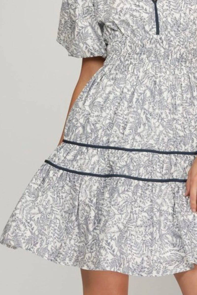 She + Sky Full Size Printed V-Neck Puff Sleeve Tiered Dress Plus Size - Brittney MADE
