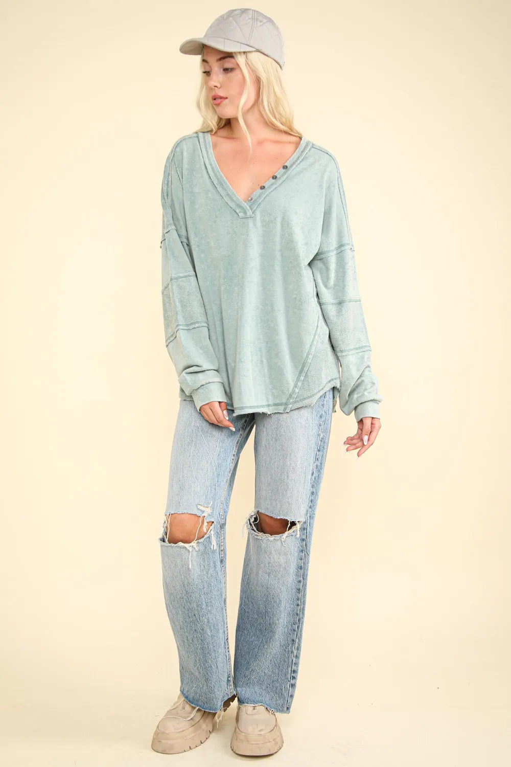 VERY J Washed V-Neck Exposed Seam Knit Top - Brittney MADE