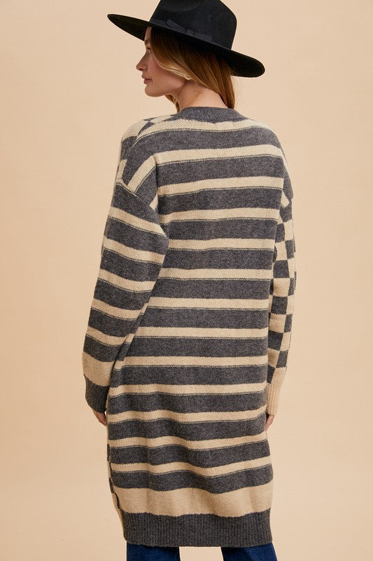 Annie Wear Checkered & Striped Open Front Long Sleeve Cardigan - Brittney MADE