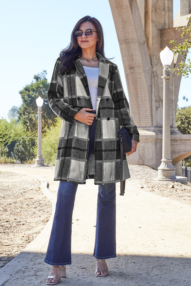 Double Take Full Size Plaid Button Up Lapel Collar Coat - Brittney MADE