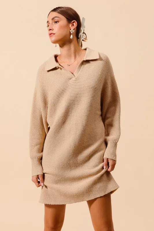 SO ME Ribbed Knit Collar Neck Dress - Brittney MADE