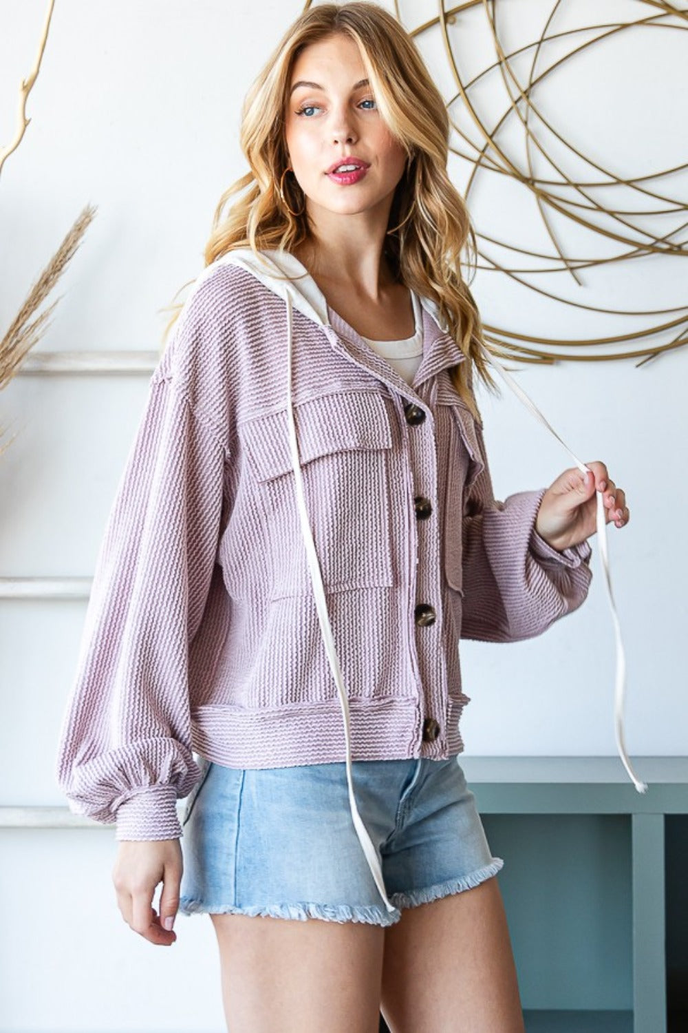 Reborn J Contrast Hooded Button Down Ribbed Jacket - Brittney MADE